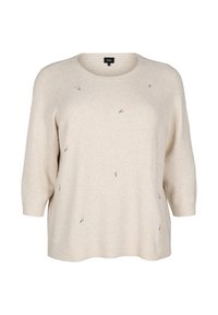 Beige Pullover mit Dreiviertelärmel, rundem Ausschnitt und kleinen rosa Blumenstickereien, die über die Vorderseite verteilt sind. Weiche Textur.