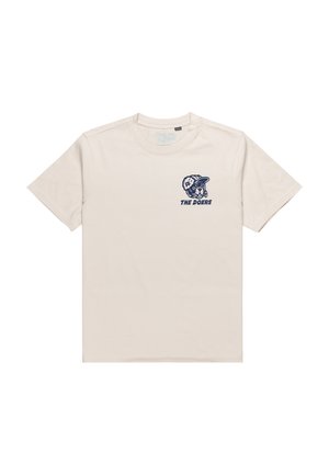 Beige cotton t-shirt with short sleeves. Features a navy graphic on the left chest reading "THE DOERS" and a character wearing a cap.