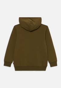 Felpa marrone con cappuccio, maniche lunghe, tasca a marsupio e polsini e orlo a coste. Il materiale ha una consistenza liscia.