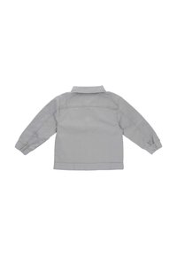 Szara bawełniana kurtka z długimi rękawami, kołnierzem i prostym krojem. Posiada karczek z tyłu oraz przeszycia wzdłuż rękawów.