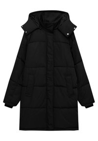 Doudoune noire matelassée avec capuche, dotée d'une fermeture à pression, de poches latérales et d'un design matelassé. Fabriquée en matériau léger et isolant.