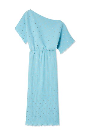Blue pleated dress with off-shoulder design, short sleeves, and gold dot pattern. Soft fabric, ankle-length, elastic waist.