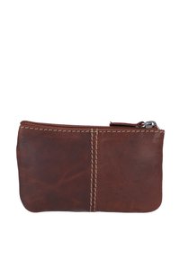 Hnědá kožená peněženka na mince se zipem, která má viditelné švy a hladký povrch, obdélníkový tvar a minimalistický design.