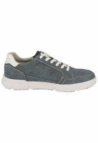 Sneaker blu in suede con suola in gomma bianca, punta tonda e cuciture a contrasto. Presenta pannelli testurizzati e chiusura con lacci.