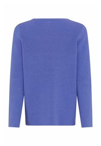 Pull en maille côtelée bleu avec des manches longues, un col rond et un ourlet droit. Le matériau présente une texture lisse avec des détails subtils.