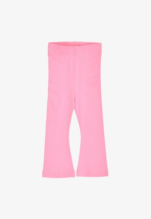 Leggings rosa per bambini con vita elastica e gambe leggermente svasate, esposti su sfondo bianco.