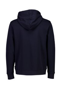 Felpa blu navy con cappuccio regolabile, polsini e orlo a costine. Materiale in cotone morbido; design semplice senza ulteriori motivi o dettagli.