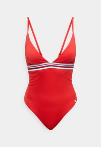 Κόκκινο ολόσωμο μαγιό με λεπτές τιράντες, βαθύ V-λαιμόκοψη και οριζόντια ριγέ λεπτομέρεια σε μαύρο και λευκό στη μέση. Λείο ύφασμα.