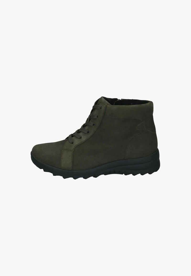 Bottine montante vert foncé à lacets avec semelle texturée et fermeture éclair latérale, conçue pour un usage décontracté ou en extérieur.