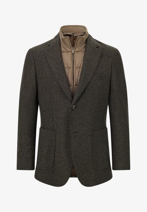 Blazer in lana con motivo a spina di pesce in grigio scuro con fodera interna trapuntata beige, chiusura con un solo bottone e due tasche frontali.