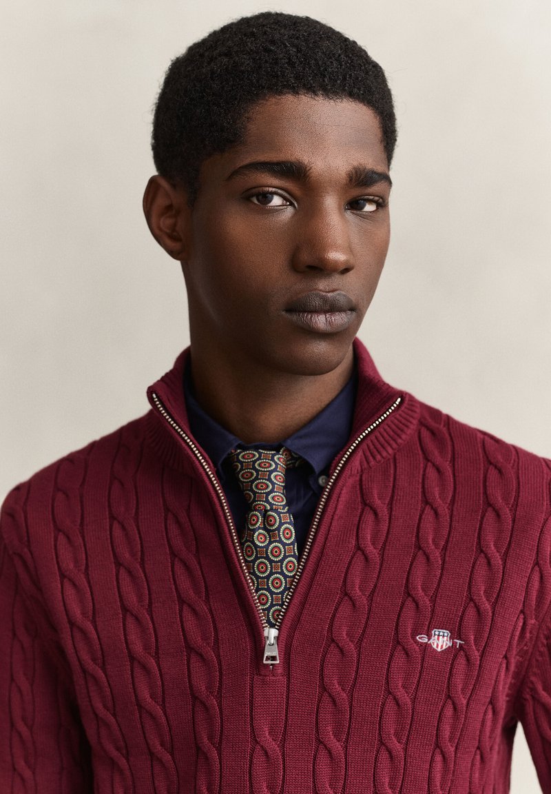 Young man wearing a burgundy cable-knit zip-up sweater, navy shirt, and patterned tie, facing forward with a neutral expression.
