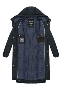 Black puffer coat unzipped, featuring a navy interior, contrasting white piping, multiple inner pockets, and a hooded design.