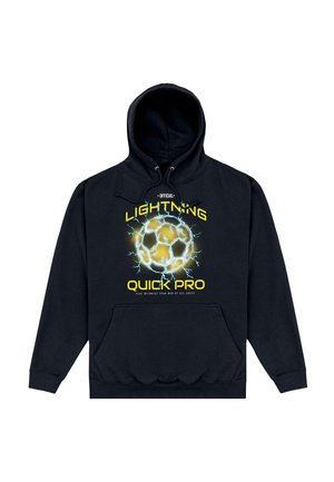 Sweat à capuche noir avec poche avant, arborant un ballon de football lumineux entouré d'éclairs et le texte "Official Lightning Quick Pro".
