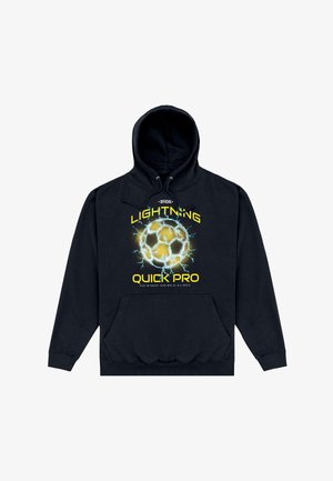Schwarzer Hoodie mit Fronttasche, auf dem ein leuchtender Fußball von Blitzen umgeben ist und der Text "Official Lightning Quick Pro" abgebildet ist.