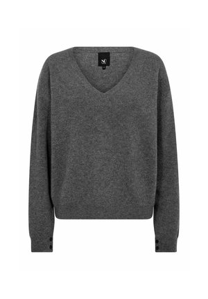 Maglione grigio scuro con scollo a V, maniche lunghe, polsini e orlo a costine e piccoli bottoni sui polsini, mostrato su sfondo bianco.