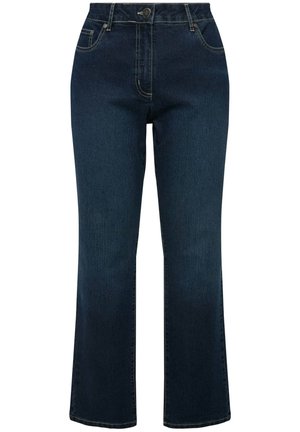 Jeans in denim blu scuro con un design a gamba svasata, dotati di chiusura con bottone, tasche frontali e dettagli di cucitura a contrasto.