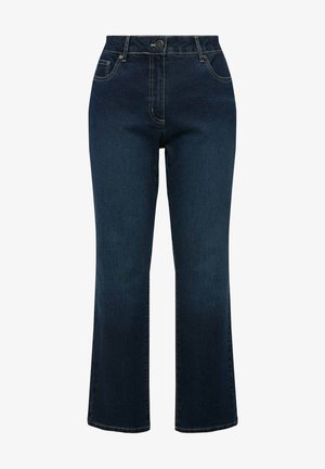 Vaqueros de mezclilla azul oscuro con un diseño de pierna acampanada, que cuentan con un cierre de botón, bolsillos frontales y un detalle de costura en contraste.