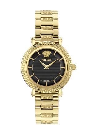 Gouden Versace polshorloge met zwarte wijzerplaat, Medusa-logo, rand met Grieks sleutelmotief en bijpassende gouden schakelbe bracelet.