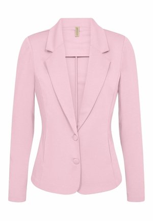 Hellrosa taillierter Blazer mit langen Ärmeln, Revers mit Kerbe, zwei bezogenen Knöpfen und tailliertem Design.