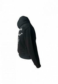 Schwarzer Kapuzenpullover mit teilweise sichtbarem weißem Text auf der Vorderseite, seitlich gegen einen schlichten weißen Hintergrund angezeigt.