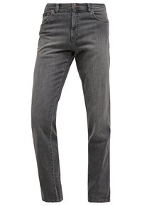 Grå denimjeans med en rak design, som har fem fickor, bälteshällor och en subtil blekt struktur genom hela.