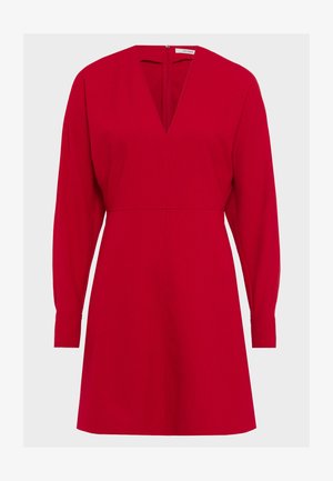 Rød kjole med dyp V-hals, lange ermer og en tettsittende midje. Glatt stoff med et enkelt design og glidelås bak.