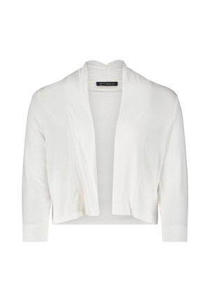 Cardigan corto bianco realizzato in tessuto morbido, con colletto a scialle, apertura frontale e maniche a tre quarti. Elegante caduta con cuciture minime.
