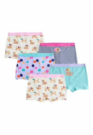 Five pairs of colorful children's boxer shorts with dog and polka dot patterns, and striped design with dog illustration on white background.