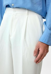 Witte, gestreepte broek met een hoge taille, voorzien van een knoopsluiting en plooien. Gecombineerd met een lichtblauw, langärmige shirt.