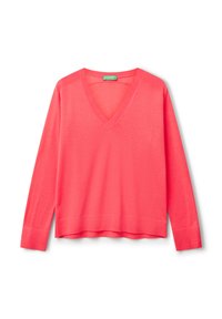 Maglione coral a V in morbido tessuto a maglia, con maniche lunghe e una vestibilità comoda. Presenta polsini a coste e un orlo dritto.