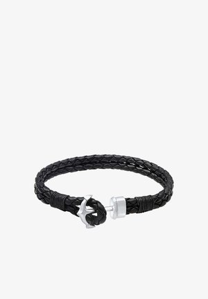 Bracelet en cuir noir tressé avec un fermoir ancre en ton argent et des accents métalliques, présentant une surface texturée et une forme flexible.