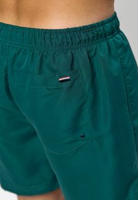 Zaļi, elastīga josta peldkostīmi izgatavoti no gludas materiāla, ar aizmugurējo kabatu, kurā ir neliels logotipa akcenta elements sarkanā, baltā un zilā krāsā.