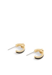 Gold hoop earrings with a black enamel accent, featuring a sleek design and a smooth texture. Lightweight metal post for easy wear.