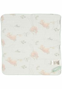 Muslin blanket featuring a light gray background with a soft cow print in pastel colors. Edges are stitched with a mint green trim.