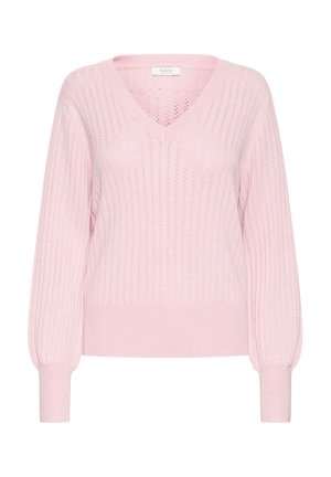 Svetliko roza pulover z V-izrezom, rebrasto teksturo, dolgimi naborki in rahlo ohlapnim krojem. Ima vertikalne črte po celotnem dizajnu.