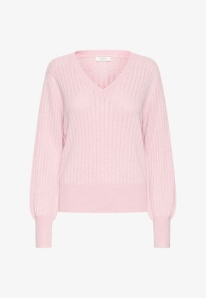 Svetliko roza pulover z V-izrezom, rebrasto teksturo, dolgimi naborki in rahlo ohlapnim krojem. Ima vertikalne črte po celotnem dizajnu.