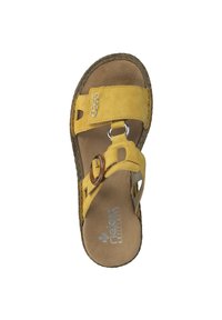 Yellow leather sandal with two adjustable straps, a circular wooden accent, and a cushioned insole. Includes a textured sole.