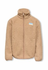 Beige fleecejakke med høy krage og glidelås. Har en liten blå og gul logo på venstre bryst. Myk tekstur.