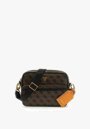 Borsa a tracolla marrone con motivo a fantasia, dotata di tracolla nera e dettagli in oro, con etichetta in pelle. Include due scomparti con zip per riporre oggetti.