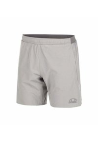 Graue Badeshorts mit elastischem Bund, Seitentaschen und kleinem Logo auf der unteren rechten Seite. Leichtes, glattes Material mit matter Oberfläche.