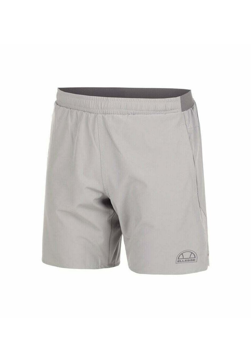 Graue Badeshorts mit elastischem Bund, Seitentaschen und kleinem Logo auf der unteren rechten Seite. Leichtes, glattes Material mit matter Oberfläche.