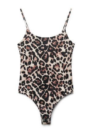Body intero con stampa leopardata, con sottili spalline a spaghetti e chiusura a scatto all'ingresso, nei toni del beige, nero e marrone.