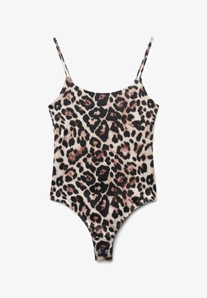 Body intero con stampa leopardata, con sottili spalline a spaghetti e chiusura a scatto all'ingresso, nei toni del beige, nero e marrone.