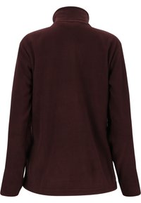 Burgunderfarvet fleece-pullover med høj krave, lange ærmer og en blød tekstur. Har en rundet kant og ingen synlige hardware eller mønstre.