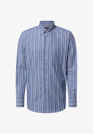 Langärmeliges Hemd mit Knopfleiste, vertikalen blauen, weißen und rosa Streifen, geknöpftem Kragen und einer Brusttasche mit kleinem eingesticktem Logo.