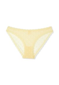 Reggiseno giallo a pois con pizzo, caratterizzato da tessuto trasparente, bordo in pizzo a onde e fodera in cotone morbido e liscio.