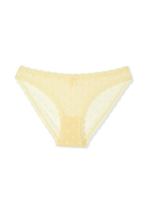 Yellow polka dot lace underwear featuring sheer fabric, a scalloped lace trim, and a smooth, soft cotton lining.