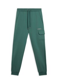Joggers verde de mezcla de algodón con cintura elástica, cordón ajustable, bolsillos laterales y un bolsillo de carga en el muslo derecho.