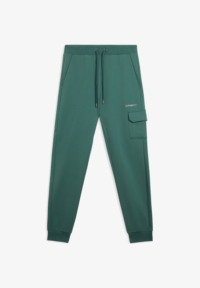 Joggers verde de mezcla de algodón con cintura elástica, cordón ajustable, bolsillos laterales y un bolsillo de carga en el muslo derecho.