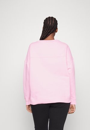 Person with braided hair wearing a loose-fitting pink sweatshirt and black pants, shown from behind against a plain background.